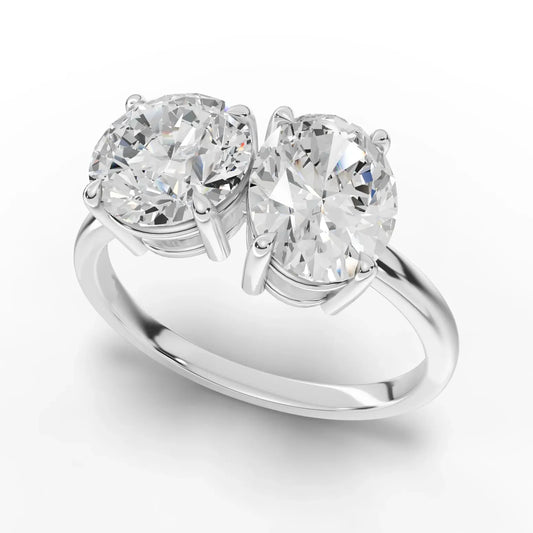 3CT Round Oval Lab Diamond Two Stone Engagement Ring